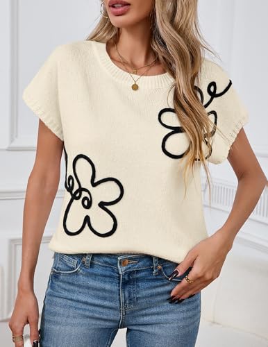 Image of Libsorge Womens Cute Flower Cap Sleeve Sweater Vest Spring 2025 Lightweight Ribbed Knit Crewneck Knit Top