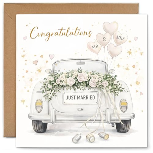YISCOKO Wedding Card Congratulations to The New Mr & Mrs Classic Car Design Square Wedding Cards for Bride and Groom-148x148mm.Supplied with Envelope and Gold Sticker.