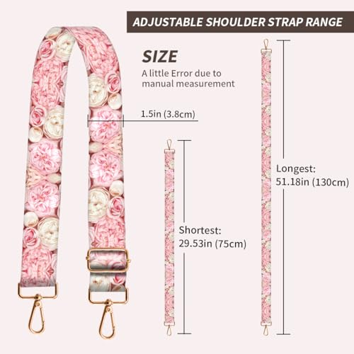 Image of Purse Strap Replacement Crossbody, 3.8cm Wide Shoulder Strap Adjustable Replacement Belt Gold Buckle, Handbag Crossbody Bag Strap Cute Pink Flowers