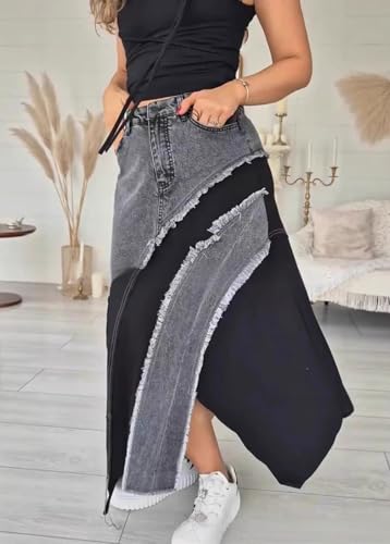 CHARTOU Women High Waist Patchwork Frayed Denim Skirt Asymmetrical Slit Distressed Long Jean Skirts2