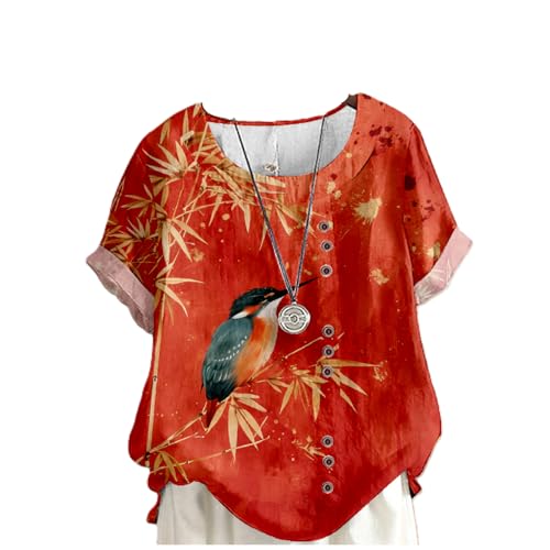 Womens Linen Tops Summer Japanese Art Print Loose Short Sleeve Crewneck Shirts Floral Fashion Casual Blouses