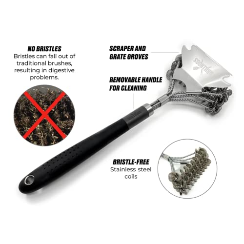 Grillhogs 18" Grill Brush For Outdoor Grill, Long Handle Bristle Free Scraping Brush, Safe Precision Coiled Galvanized Brushes, Dishwasher Safe, Soft Grip Premium Rubber Handle, Stainless Steel #TOP1