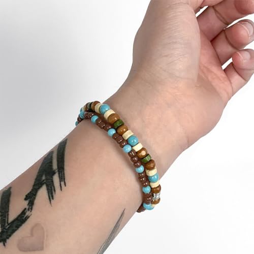 Boho Turquoise Bracelet Wooden Beaded Bracelets Stretch Wrap Bracelet Jewelry for Women and Men 2Pcs4