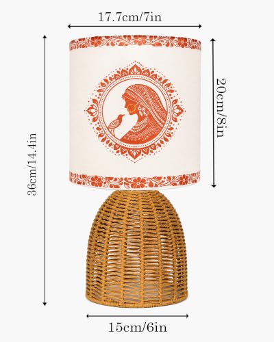 Image of Homesake Handwoven Rattan Table Lamp with Aipan Art Printed Fabric Shade, Decorative Raffia Oval Bedside Lamp, Boho Cane Table Lamp with E27 Holder, Living Room & Bedroom Home Decor