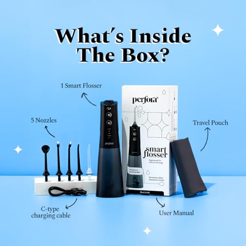 Image of Perfora Smart Water Dental Flosser - 300ml | 2 Year Warranty | 5 Water Pressure Settings & 5 Nozzles, 1500mAh Battery | Rechargeable Dental Floss for Teeth Oral Care, IPX7 Waterproof (Black Gold)