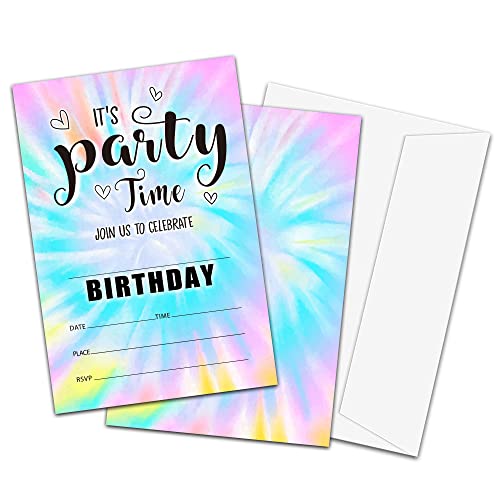 TIRYWT Tie Dye Theme Birthday Invitations Fill-In Style Birthday Party Invitations with Envelopes For Boys Girls(20-Pack) Birthday Party Decorations And Supplies -yqk-a63