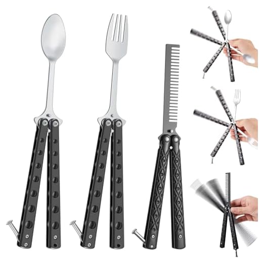 3 Pieces Butterfly Comb, Butterfly Fork and Spoon Set Stainless Steel Folding Butterfly Spoon for Camping Hunting Travel Outdoor (Black)