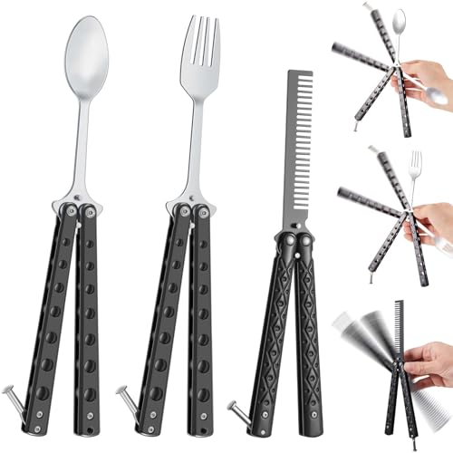 Eaasty 3 Pieces Butterfly Comb,Fork and Spoon Set,Tactical Stainless Steel Folding Butterfly Spoon for Camping Hunting Travel Outdoor(Black)