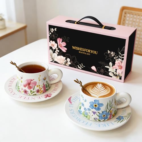 HBLEDOT Tea Cup Set with 2 Cups & Saucers, 9.5 OZ Espresso Coffee Mugs - image 6