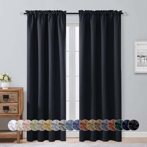 Image of Aiyufeng Black Blackout Curtains for Bedroom 84 Inch Length 2 Panels Set, Thermal Insulated Room Darkening Light Blocking Rod Pocket Window Treatment Drapes for Living Room, 50 inch W x 84 inch L