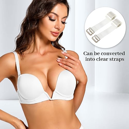 Image of YBCG Plunge Bra with Clear Back Straps Backless Deep V Convertible Push up Padded Add 2 Cup Low Cut Underwire for Women