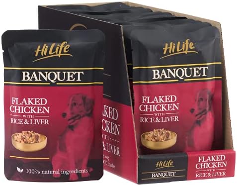HiLife Banquet - Wet Dog Food - Flaked Chicken Breast, Rice, Liver - 100% Natural Ingredients, 15 Pouches x 100g