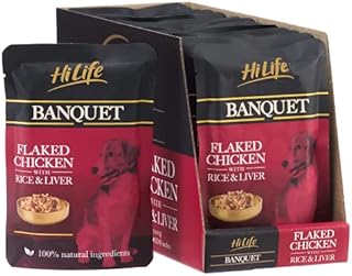 HiLife Banquet - Wet Dog Food - Flaked Chicken Breast, Rice, Liver - 100% Natural Ingredients, 15 Pouches x 100g