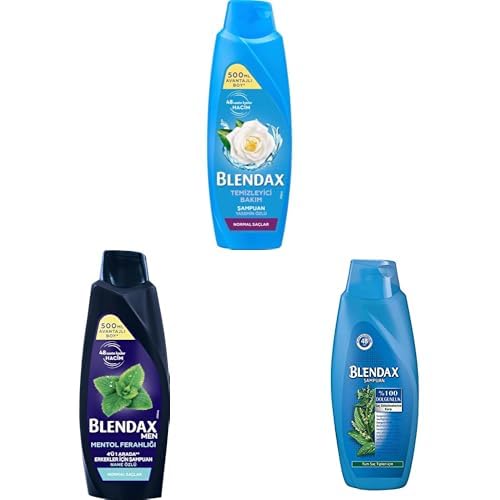 BLENDAX Seti | SHP Yasemin Özlü 500ml TR x1 + Erkekler için Mentol Ferahlığı Nane Özlü Şampuan, 500 ml x1 + Isırgan Özlü Şampuan 500 ml x1