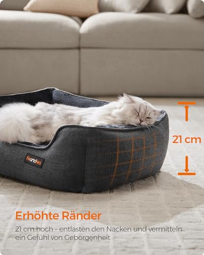 Feandrea Katzenbett, Hundebett, Hundekissen in Leinenoptik, erhöhte Ränder, rutschfeste Unterseite, Bezug abnehmbar waschbar, S, für Minihund, 60 x 50 x 21 cm, dunkelgrau PGW009G01