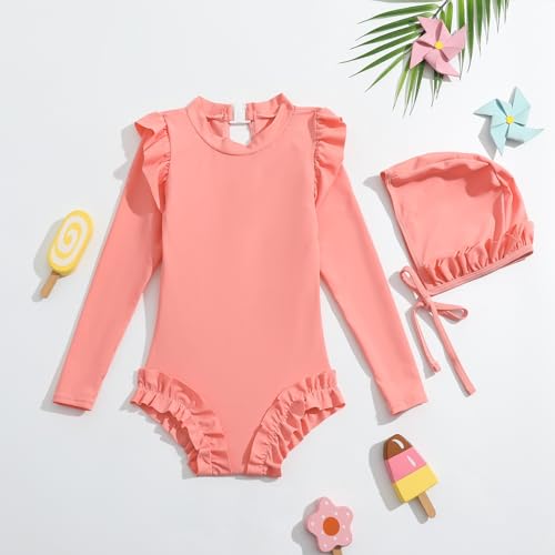 Maiô infantil para meninas, 2 peças, cor sólida, manga comprida, babados, verão, praia, meninas, tam