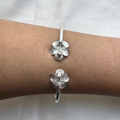 Flower Hibiscus Ends .925 Sterling Silver West Indian Bangles, 1 pair4