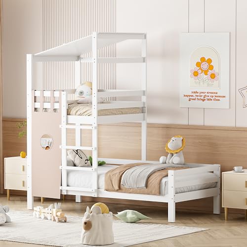 MQLAE Kinderbett 90x200, Hochbett für Kinder, Etagenbett mit Dach, Das obere Bett kann als Lese- und Freizeitbereich genutzt Werden, Massivholzbett, Bett mit Lattenrost, Ohne Matratze (Weiß)