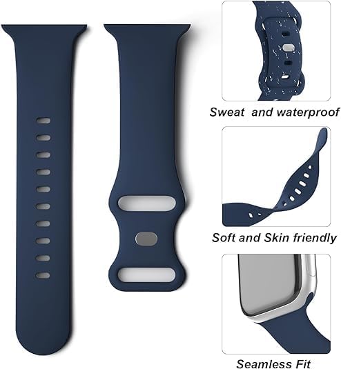 Close-up of the fitness tracker band showing how it connects to the tracker module, highlighting sweat and waterproof, soft and skin-friendly, and seamless fit features.