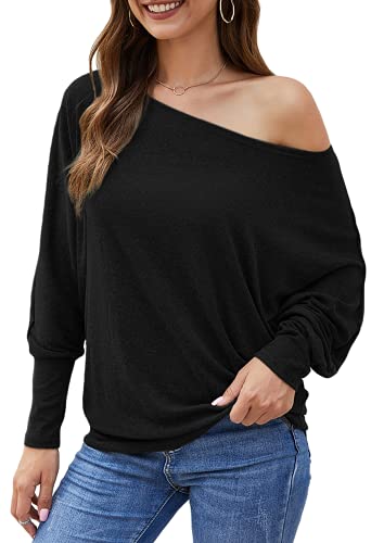 Aifer Women's Off The Shoulder Tops Sexy Long Sleeve Shirts Oversized Fashion Casual Batwing Sweaters Pullover Tunic Tops