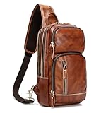 LANNSYNE Vintage Genuine Leather Sling Bag For Men, Crossbody Chest Daypack fits 10.5