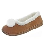 Autumn Faith Ladies Slippers Tan Microsuede Upper White Fleece Lining Pom Pom Non-Slip Flexible Sole Womens 5-6 UK