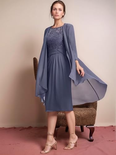 2 Pieces Mother of Bride Dress Women Chiffon Wedding Guest Party Dresses Tea Length Long Sleeve A-line Prom Gowns3