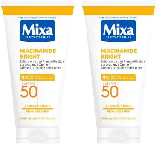 Mixa schützende & Pigmentflecken vorbeugende Creme LSF 50, Anti-Pigmentflecken Creme, Für trockene Haut, Niacinamide Bright, Hypoallergen, 50 ml (Packung mit 2)