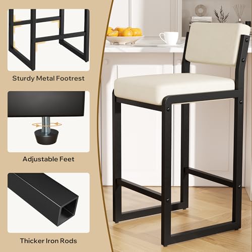 Image of 26IN Modern Bar Stools Set of 2, Fabric Counter Height Barstools with Back and Footrest, Sturdy Thickened Metal Leg, Kitchen Bar Chairs for Island, Beige