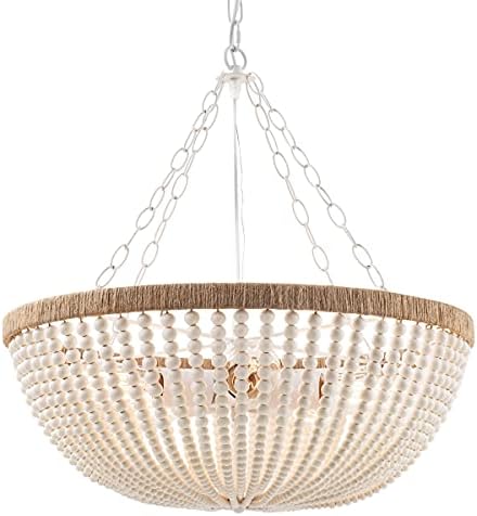 5 Lights Bohemia Wood Beaded Chandelier Farmhouse Antique Rustic Pendant Light for Bedroom Kitchen Island Dining Living Room, White, Dia 22 Inch