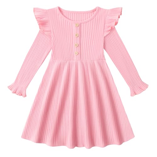 ESHOO Toddler Girl Dress Girls Sweater Dresses Ruffle Long Sleeve Ribbed Knit Casual Fall Dresses for Kids 2-7 Years