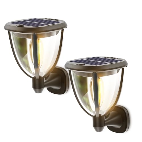 2 PACK Solar Wall Light Sconce, Dusk to Dawn Outdoor Wall Light Sconce Solar, Waterproof, 2 Lighting Modes, Wall & Ground Mount, Exterior Lighting Fixtures for Front Porch Patio Fence Yard Garage