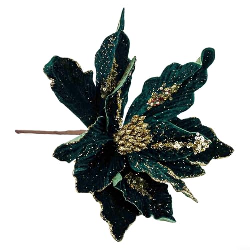 Fiore di Natale artificiale in tessuto, stella di Natale glitterata, per matrimoni, albero di Natale, Capodanno, decorazioni per ghirlande di Natale (verde scuro)