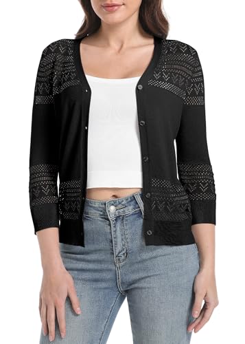 Urban CoCo Women's V-Neck Boho Crochet Cardigan 2025 Summer Lightweight 3/4 Sleeve Open Front Button Down Cover Up2