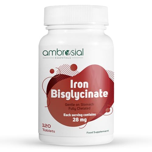 Ambrosial Iron Bisglycinate 28mg High Strength Tablets | High Absorption Iron Supplement for Tiredness and Fatigue for Women and Men | Pack of 1-120 Veg Tablets