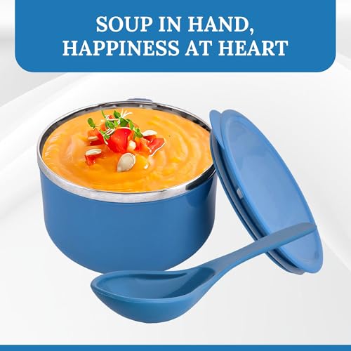 Image of 600ml Airtight-Lid Stainless Steel Soup Bowl with Spoon & Holder | Leakproof Food Container for Noodles, Pasta & Milk | Maggie Bowl & Souptok for Eating | Navy Blue