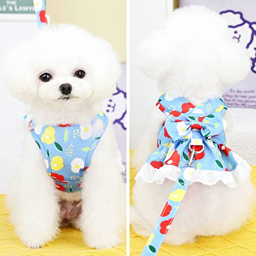 Baejmjk Dog Dress Harness And Leash Set For Small Dogs Floral Bow Tie Girl Puppy Dress Breathable Cute Princess Dog Dresses Spring Summer Pet Cat Clothes Skirt(Light Blue,X-Small) #TOP3