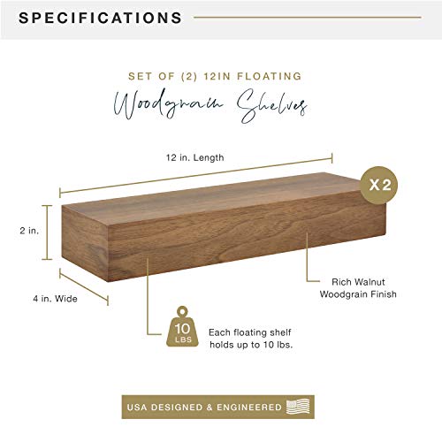 Image of MCS Floating Shelf, Room Decor Wooden Shelf, Walnut Woodgrain, 12 x 4 Inch, Set of 2