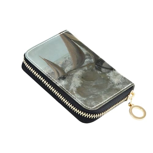 Sea Sailing Ship Courbet Painting Womens Wallets Zip Around Cute Card Holder Wallets RFID Blocking Small Coin Purse Pouch with Zipper