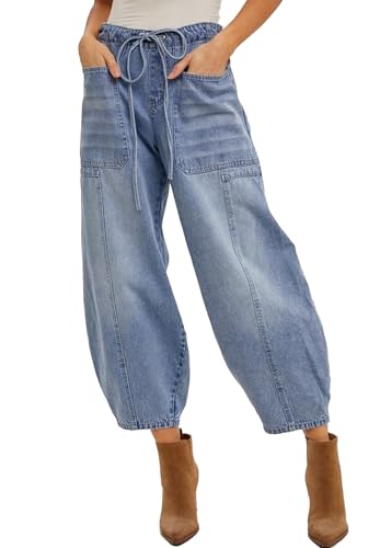 Women Barrel Jeans Casual Wide Leg Baggy Elastic Low Rise Boyfriend Y2k Loose Denim Pants with Drawstring