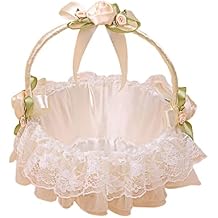 Flower Girl Basket with Lace Bow, Beige Wedding Basket for Ceremony