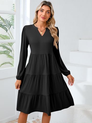 Womens V Neck Long Sleeve Midi Dress 2024 Fall Fashion Casual Loose Fit Flowy Swing Tiered Beach Vacation Dresses3