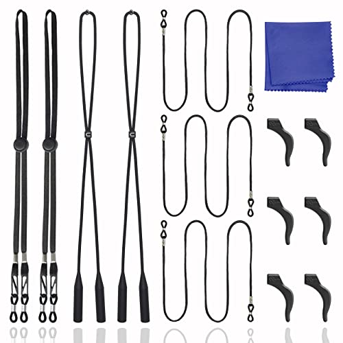 Helafun Cordones para gafas 14 piezas - Cordon gafas 7 unidades Ajustables - 3 Modelos diferentes, Cordon y Silicona - Correa gafas - Incluye Gamuza gafas y 6 “Ear hooks” Retenedores Cover
