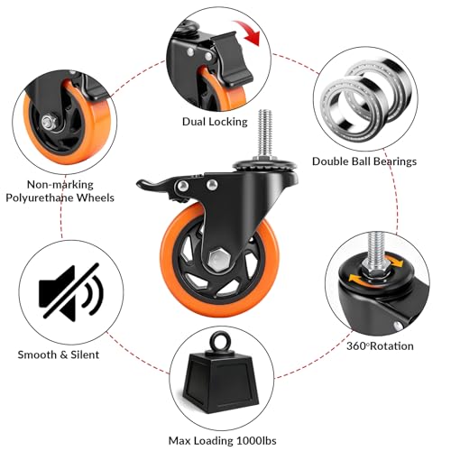 Caster Wheels,4 Inch Casters Set of 4,1/2"-13 x 1 (Screw Diameter 1/2", Screw Length 1.5") Threaded Stem Casters, Locking Industrial Swivel Castors Wheels for Furniture and Workbench Cart by WHARSTM - Used condition - Image 5