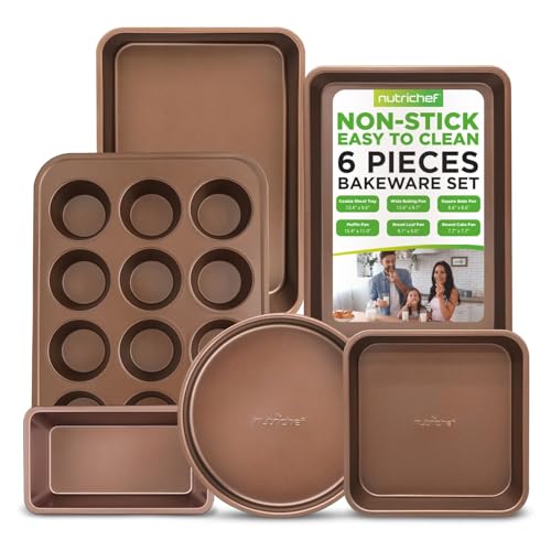 NutriChef Baking Tray Set - 6 piece non stick bakeware set, Carbon Steel Pan, Cookie Sheet - Baking Tins, Oven Safe - Loaf, Muffin, Roaster, Round/Square Pans