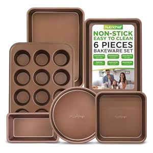 NutriChef 6-Piece Nonstick Bakeware Set - Premium Carbon Steel Baking Pans - Includes Cookie Sheets, Square & Round Roasting Pans, 12-Cup Muffin & Loaf Pan - Easy to Clean, Gold NutriChef 6 Piece Nonstick Bakeware Set Premium Carbon Steel Baking Pans Includes Cookie Sheets Square Round Roasting Pans 12 Cup Muffin Loaf Pan Easy to Clean Gold