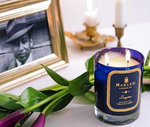 Harlem Candle Company Langston Luxury Candle, 12 Oz Blue Glass Jar, Double Wick, Soy Wax, Gift Box, Jasmine, Sandalwood, Nutmeg, Cloves, Vanilla, Leather, And Amber #TOP5