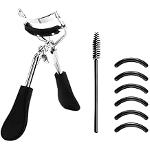 Eye Lash Curler with 6PCS Extra Replacement Strips, Professional Makeup Tool for Eyelashes, Easy & Comfortable to Grip and Use Metal Eyelash CurlerColorBlack