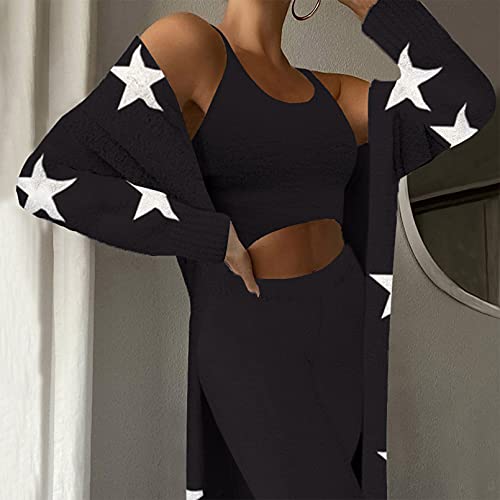 Women's Fuzzy 3 Piece Sweatsuit Open Front Cardigan Crop Tank Tops Wide Legs Pants Lounge Sets3