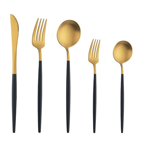 Buyer Star Matte Schwarzes Gold Besteck Set, 5 Stück Edelstahl Besteck Set Gold Matt für Haus Küche Restaurant Parteien, Essbesteck Set Mit Gabeln...